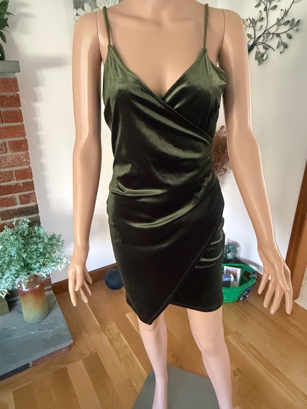 Vintage Olive Green Velvet Wrap Mini Dress